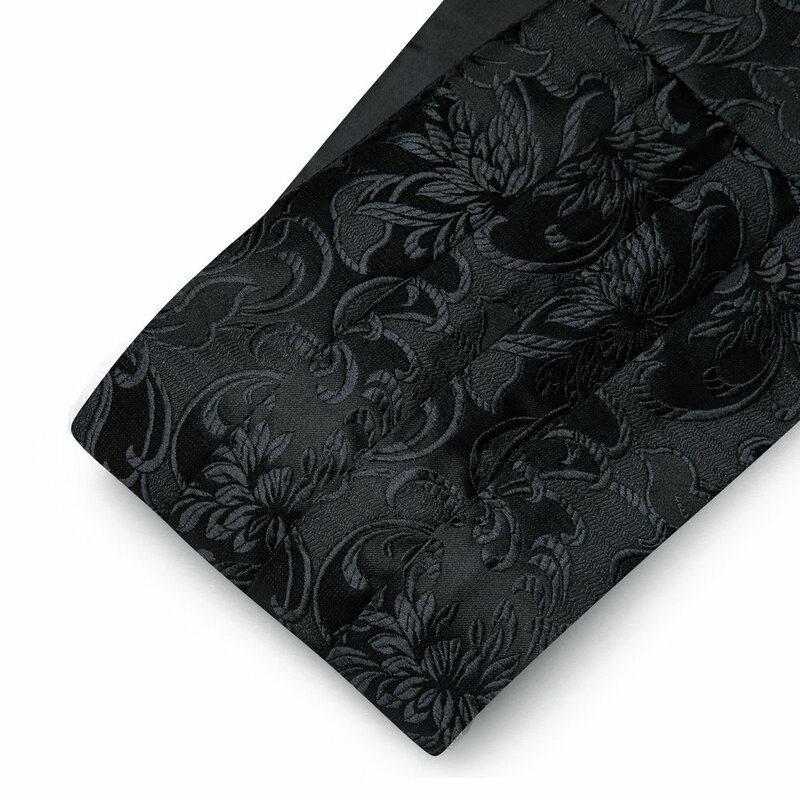 Formal Black Floral Cummerbund Men Clssic Silk Bowtie Handkerchief Cufflinks Suit Set Business Wedding Party Designer Barry.Wang