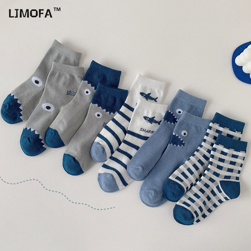 LJMOFA 5 пар, детские носки для детей от 1 до 12 лет, милые носки для мальчиков с изображением акулы для девочек, теплые школьные модные носки в клетку в полоску с героями мультфильмов