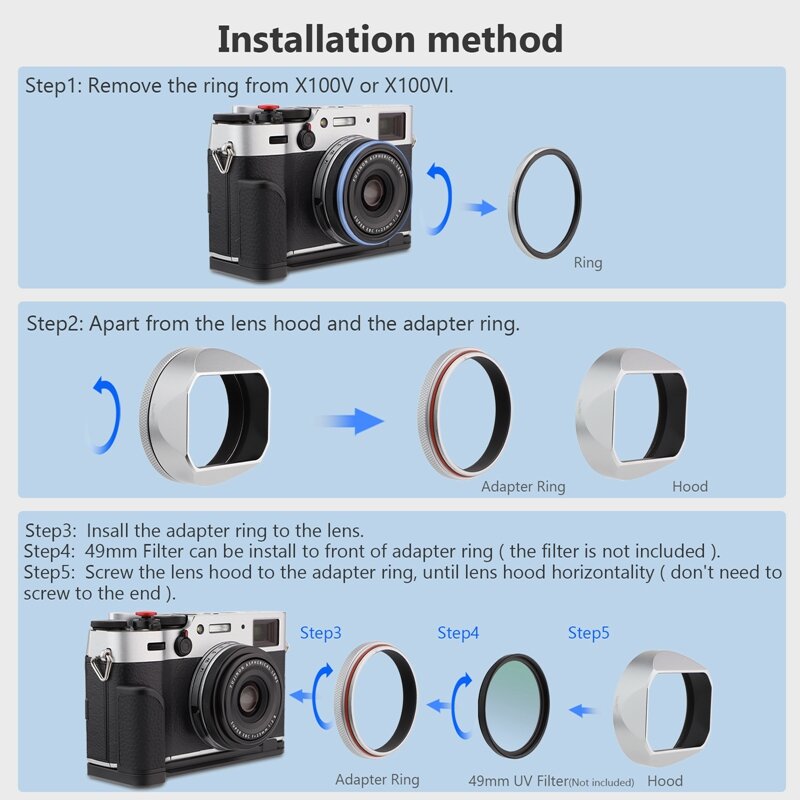 Haoge 사각 금속 렌즈 후드, 후지필름 후지 X100VI 카메라 실버, 49mm UV 필터 어댑터 링 포함