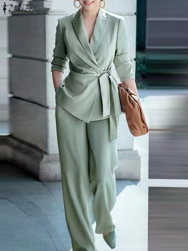 ZANZEA-traje de trabajo OL elegante para mujer, conjunto de Blazer sólido y pantalones de pierna ancha, chándales urbanos de 2 piezas, trajes de oficina de gran tamaño