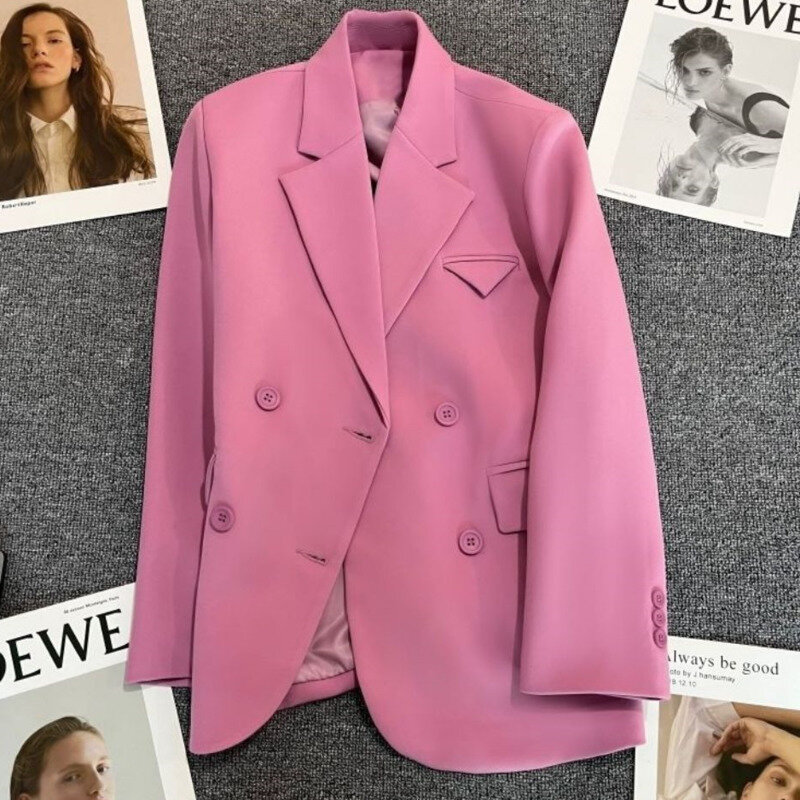Frauen neue koreanische einfarbige Mode lässig Langarm Zweireiher Streetwear Büro Dame Blazer Vintage Mantel Top