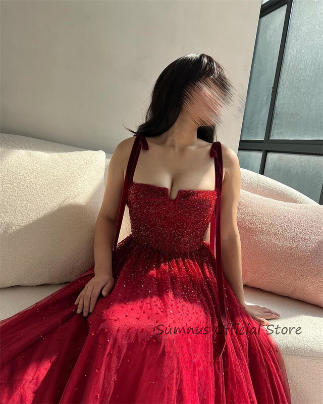 SUMNUS Shiny Red Princess abiti da sera per il matrimonio abito da ballo formale damigella d'onore con fiocco legato spalline per la laurea