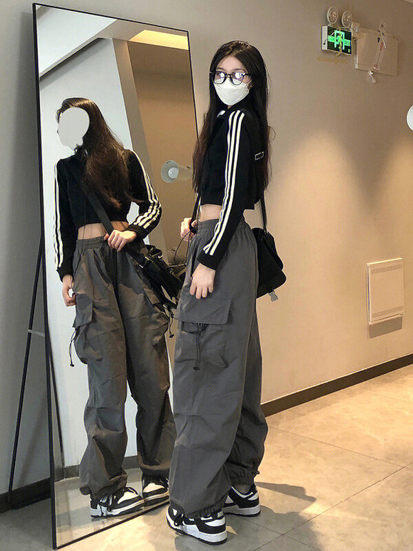 Pantalones de chándal de paracaídas Harajuku para hombre y mujer, ropa técnica de carga coreana, pantalones de chándal de pierna ancha, ropa de calle
