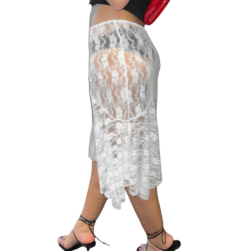 hirigin Kawaii Lace Midi Skirts for Women Summer y2k Fairy Grunge Skirts E-Girls See-Through Wrapped Long Skirts Beachwear 2024