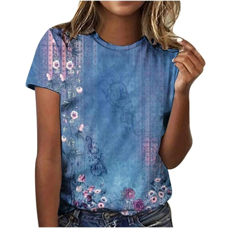 Blusa con estampado de plantas para mujer, camisa de manga corta con cuello redondo, diseño de lujo, Y2k