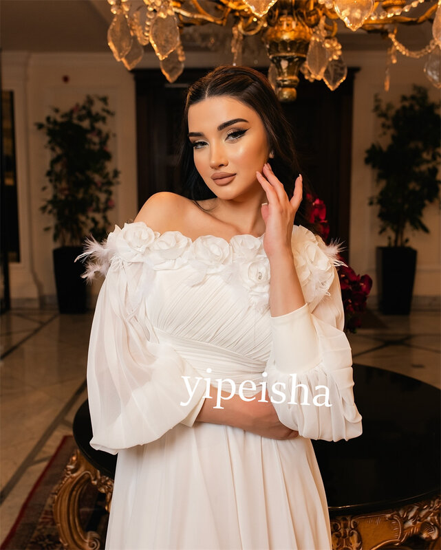 Jersey Draped Flower Feather Party A-line One-shoulder Bespoke Occasion Gown Long Dresses