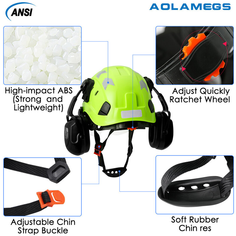 หมวกนิรภัยพร้อมที่บังแดดในตัวที่ปิดหูสติกเกอร์ลดเสียงรบกวนสำหรับวิศวกร ABS หมวกแข็ง ANSI หมวกสำหรับงานอุตสาหกรรม