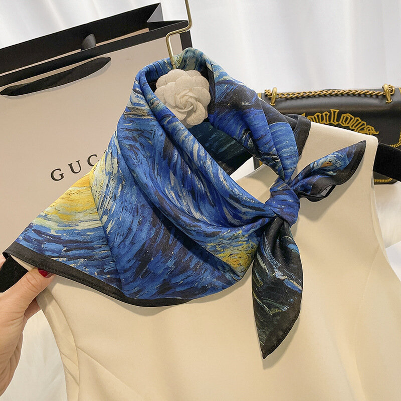 Primavera novo impresso pescoço cabeça kerchief feminino seda quadrada faixas de cabelo foulard feminino cachecol moda floral bandana para senhora