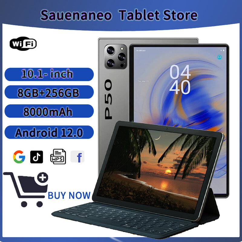Sauenaneo Tablet Android 12 10.1 inci, Tablet 8RAM 256ROM 1TB tampilan lebih panjang 1280*800 layar 4G jaringan 5G WiFi baterai 8000mAh