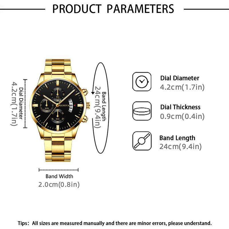 Jam tangan bisnis pria, 3 buah Set Fashion kasual kalung gelang emas baja tahan karat kuarsa