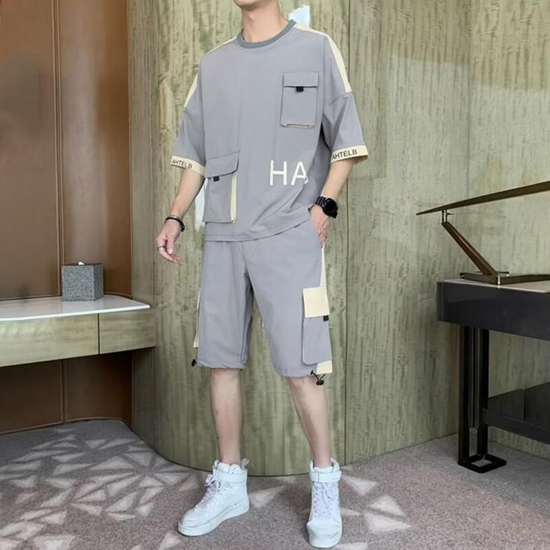 Men Summer Outfit Men Workwear Sports Suit Men's Summer Sport Outfit with O-neck T-shirt Wide Leg Shorts Set Elastic Drawstring