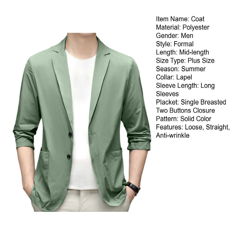 스타일리시 남성용 세트 재킷, 남성용 경량 세트 코트, 라펠 더블 버튼 세트 코트, 직장용 비즈니스, 여름