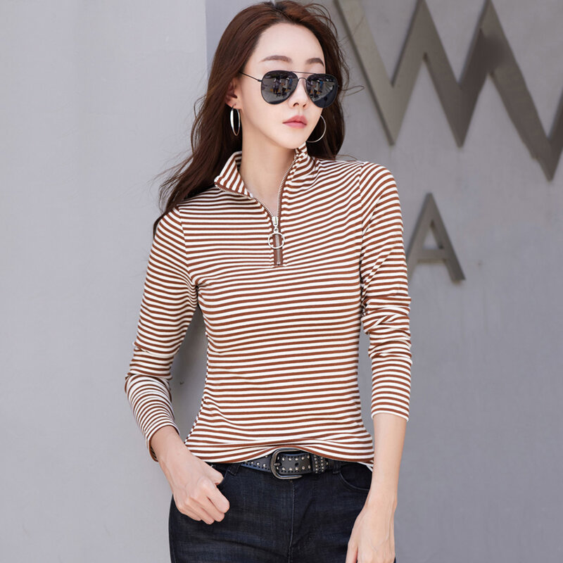 New Women Zipper Half High Collar Bottomming Shirt Spring Autumn Fashion Contrast Color Striped Pullovers Casual Slim T-shirt