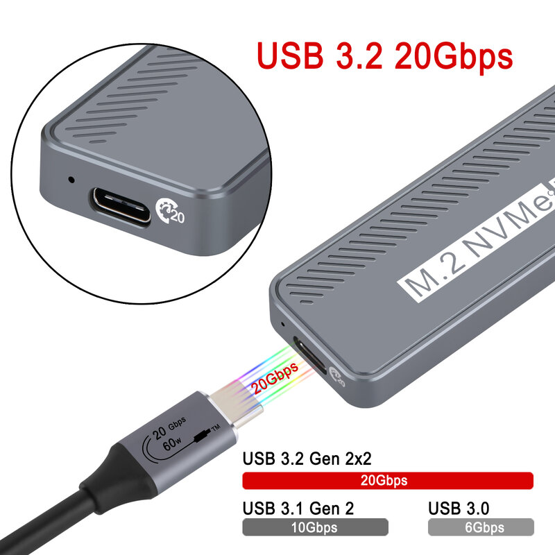 NVME 인클로저 USB 3.2 2 세대 알루미늄 합금, 최대 4TB 2230 2242 2260/2280 NVME SSD M B + M 키, 윈도우 맥북용, 20Gbps
