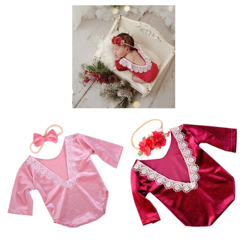 0-2Month Baby Girl Photo Props Backless Jumpsuit Bowknot Headband Photo Clothing