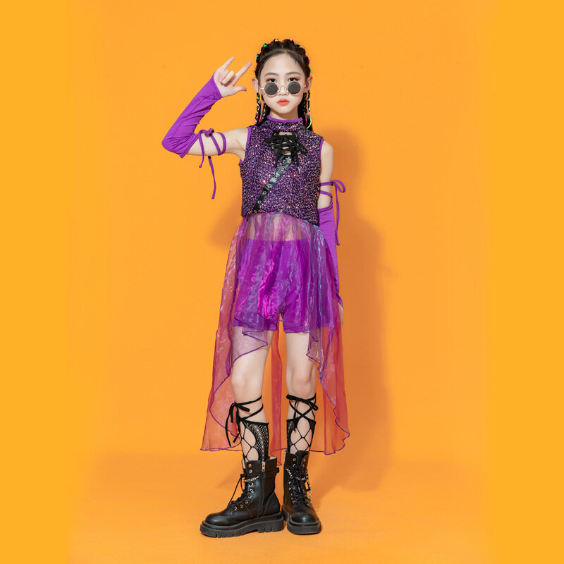 ชุดเต้นรำสีม่วงแนวสตรีทฮิปฮอปแนวสตรีทชุดเต้นรำชุดแสดงบนเวทีชุดแฟชั่นสำหรับเด็กผู้หญิง