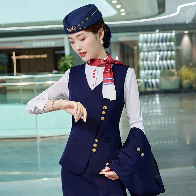Good quality custom logo women vest pant skirt Style stewardess flight attendant uniform with hats flight attendants uniform