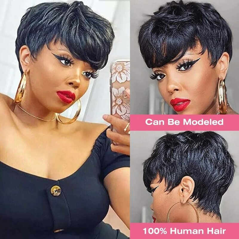 Pelucas de cabello humano para mujeres negras, pelo corto recto con corte Pixie, hecho a máquina con flequillo, sin pegamento, barato