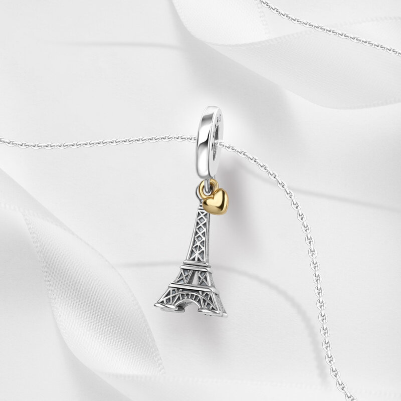 Kreatywna 925 srebrna wieża eiffla złote serce podwójne charms pasuje do bransoletka Pandora damskiej biżuterii randkowej