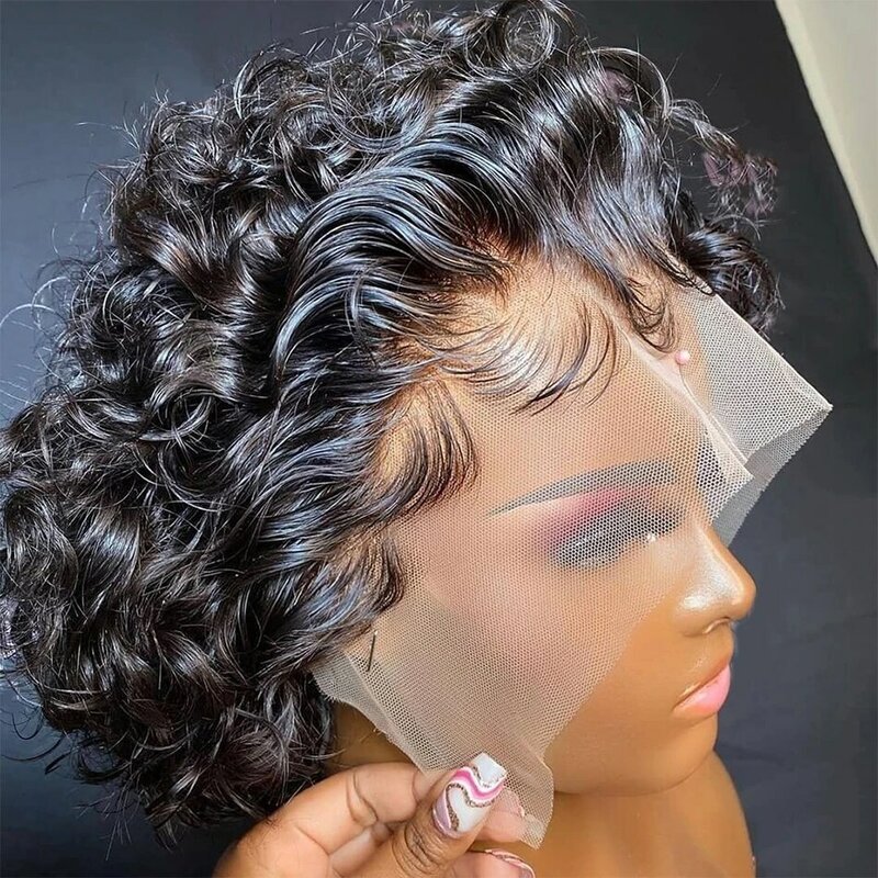 13*4 peruka Pixie z przodu peruka z ludzkimi włosami peruka krótkie kręcone brazylijskie 13x1 przezroczyste fryzura Pixie peruki z ludzkich włosów dla czarnych kobiet