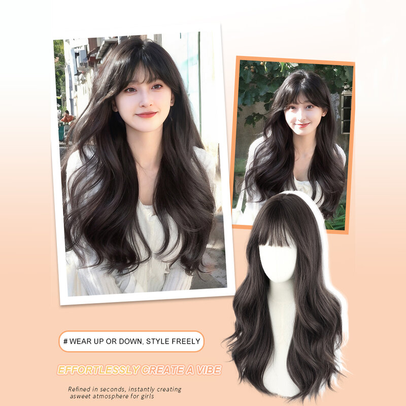 Long Brown Black Wavy Wigs Synthetic Hair Brown Wig with Bangs Heat Resistant Natural Daily Wig for Asian Women Girls