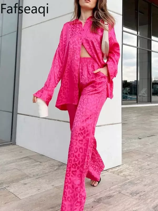 White Satin Wide Leg Trousers Suit for Women 2024 Spring Office Leopard Print Two-piece Set Home Tracksuit Women's Pajamas Sets