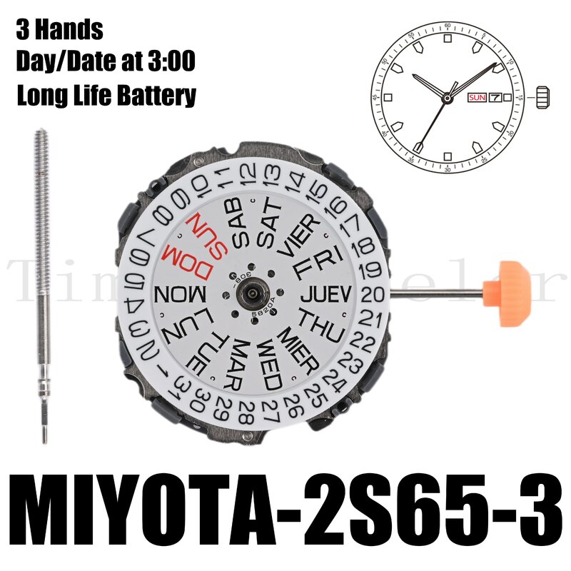 Механизм 2s65 Miyota 2S65, размер механизма 10, 1/2 дюйма, высота 4,22 мм, аккумулятор с длительным сроком службы, 3 стрелки, дата и день в 3:00