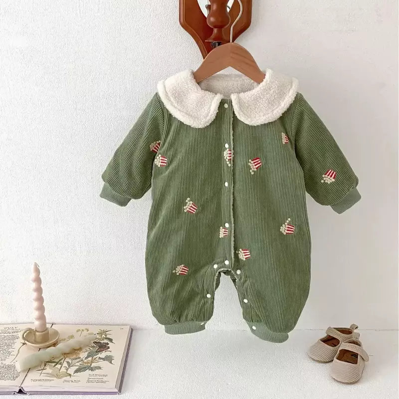 Casaco de inverno do bebê estilo coreano, macacão pilha grossa, macacão menino menina, veludo bordado algodão Hayi Outing BodySuit