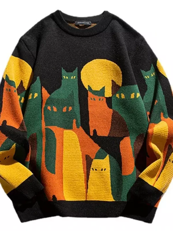 2023 Autumn  Knitted Sweater Men Women Winter Cartoon Full Cat Print Pullover Vintage Causal Loose Sweaters Streetwear