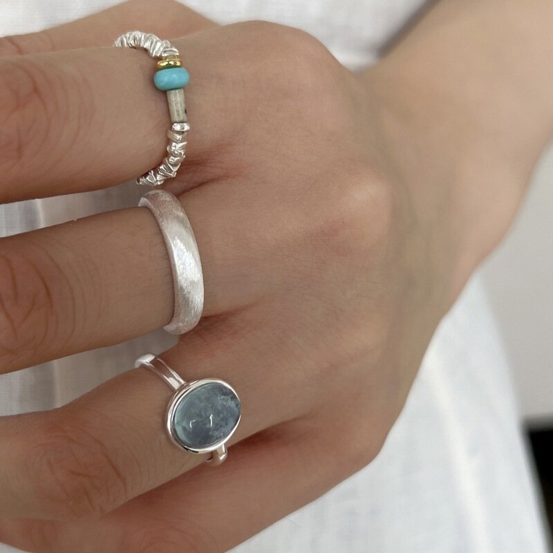 925 Cincin Perak Sterling untuk Wanita Cincin Jari Terbuka Dapat Disesuaikan Minimalis Sederhana Batu Biru Mode Band Bijoux Wanita