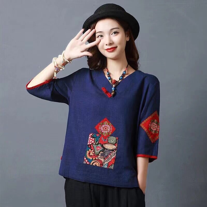 จีนสไตล์จีนเสื้อผ้าสุภาพสตรีผ้าลินินเสื้อผ้าผู้หญิงฤดูใบไม้ผลิฤดูร้อนใหม่ Hanfu Tang หญิง Vintage Top
