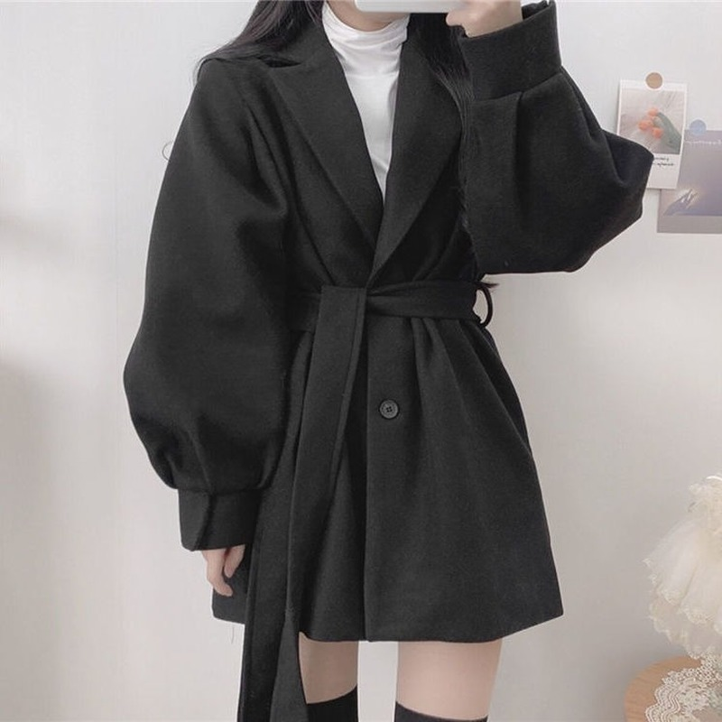 Moda jesienna i zimowa wełna mieszana czarna płaszcz z klapami z długimi rękawami pasek damski koreański płaszcz dopasowana odzież damska