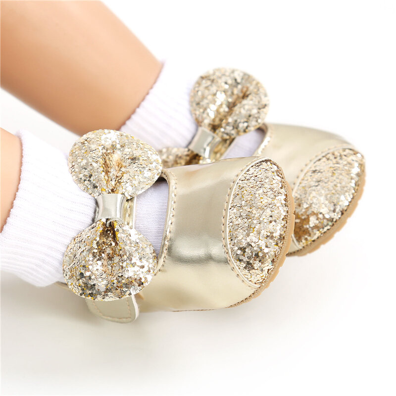 Zapatos de princesa con lentejuelas y lazo para niñas pequeñas, zapatos de vestir de cuero PU, suela de goma suave, antideslizantes, informales
