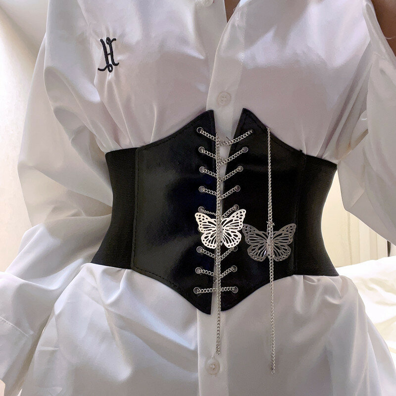 Damski elastyczny pas motylkowy łańcuszek z szerokim gorsetem damska sukienka pasem pasowym ubrania akcesoria