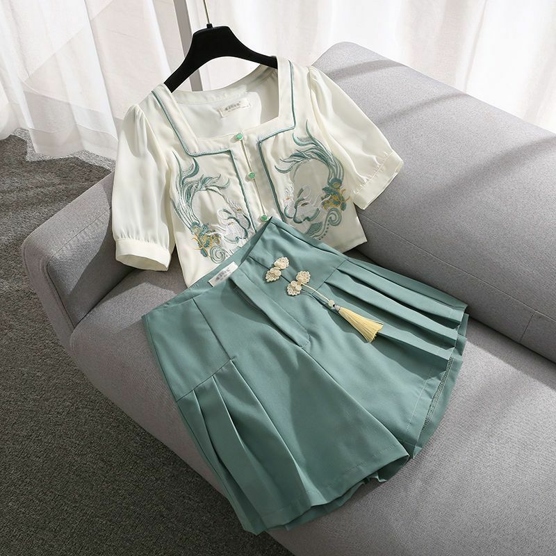 女性のためのレトロな衣装,ツーピースの夏服,カンフースタイル,半袖トップ,ワイドパンツ,新しいコレクション2023
