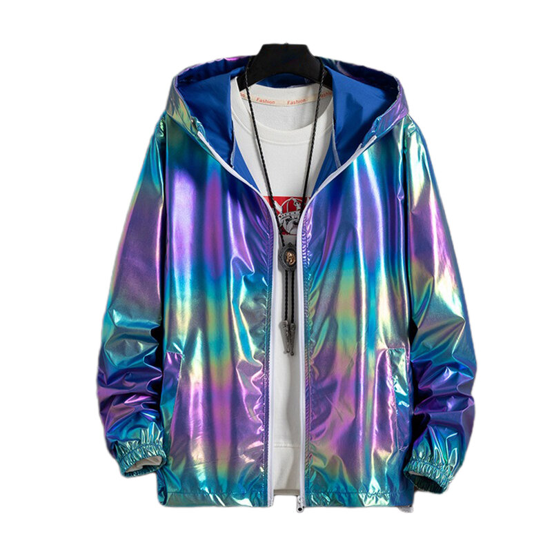 Men Summer Ice Silk Lightweight Bright Colorful Reflective Sunscreen Hoodies Long Sleeve Pockets Coat Streetwear Mens Jacket