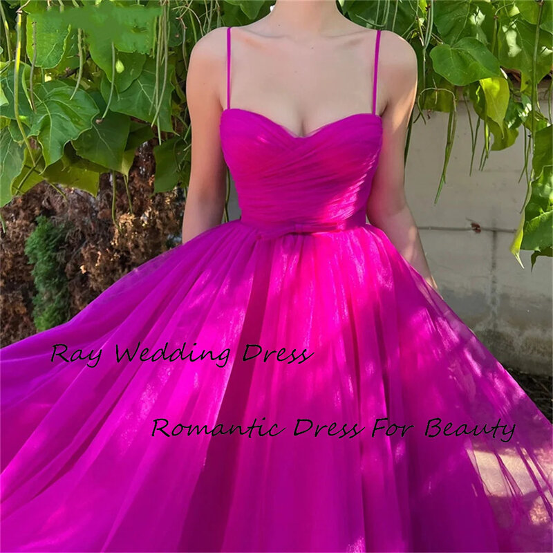 Elegant A Line Prom Dress Tulle Sweetheart With Spaghetti Straps Sleeveless Tea Length Evening Party Prom Gowns For Women