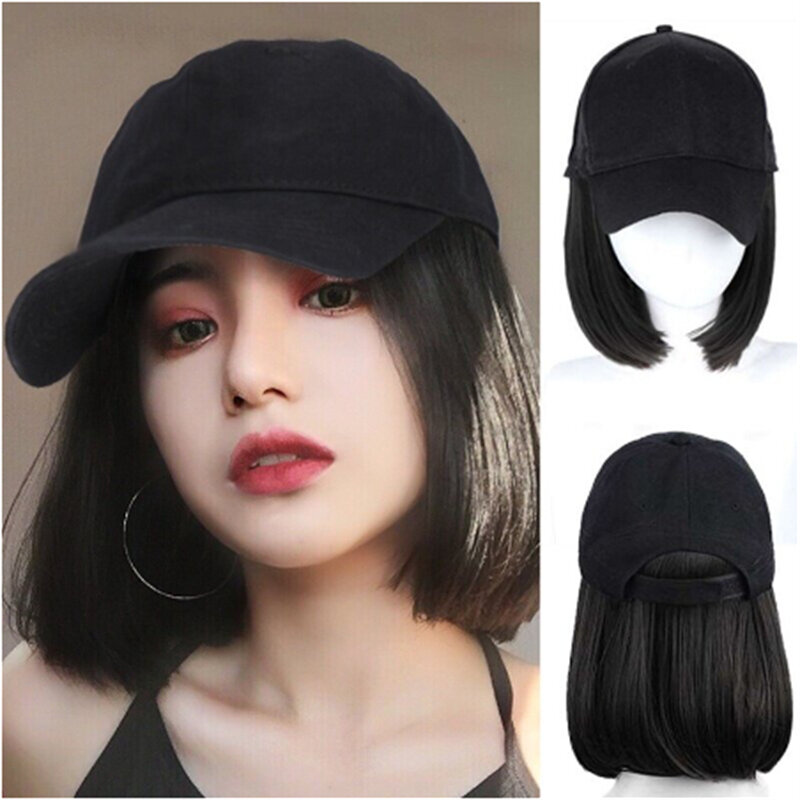 Baseball Hat Cap Wig With Bob Straight Short Hair Wigs Hat Attached Short Hair Cap Wig