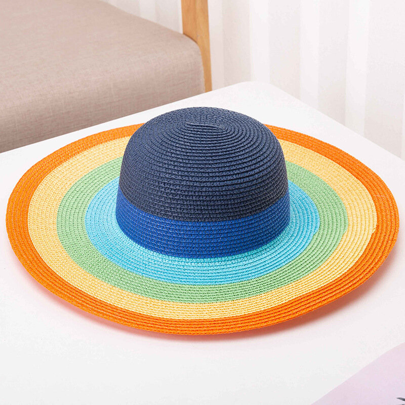 Chapéu de palha listrado multicolorido feminino, coco aba larga, chapéu de palha para-sol, nova moda, verão, 2023
