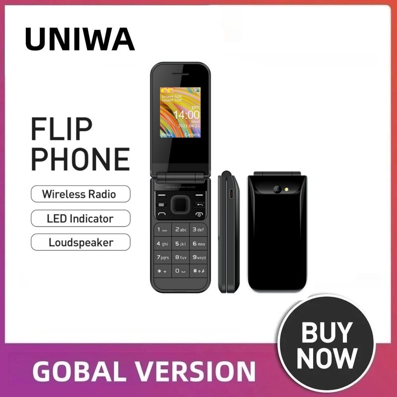 Uniwa f2720 duplo sim cartão push-button telefone 1.77 polegada rádio sem fio alto-falante aleta telefone móvel inglês teclado russo