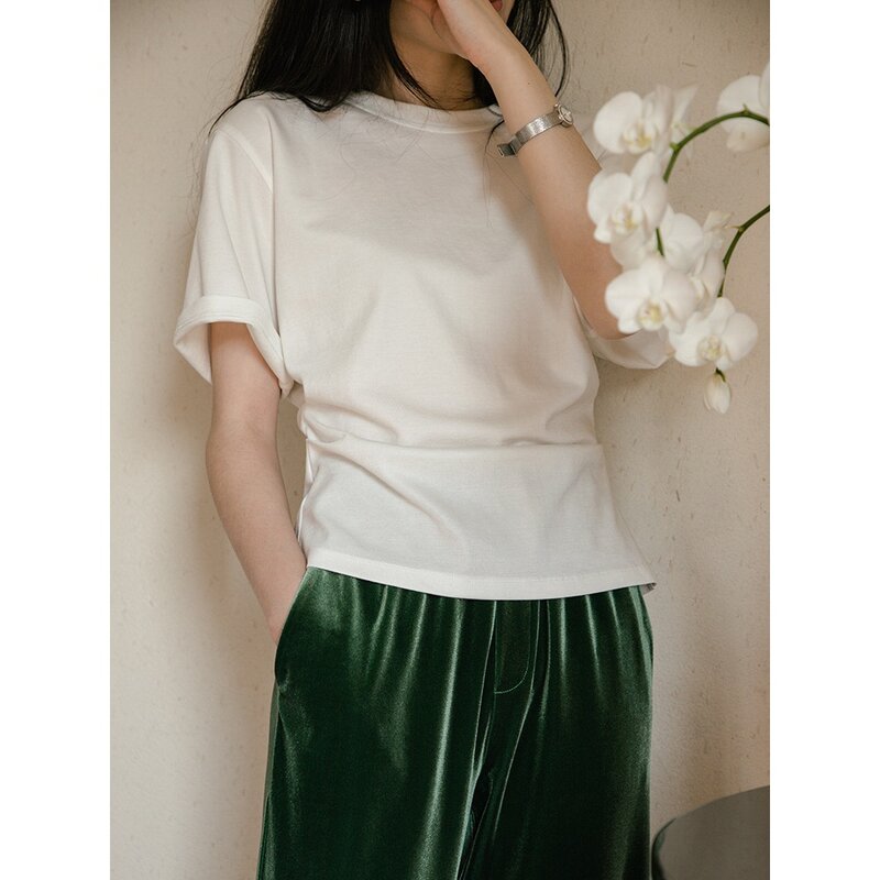 T-shirt de manga curta para mulher, colar redondo, esbelta, casual, cor sólida, verão e primavera, nova, 2021