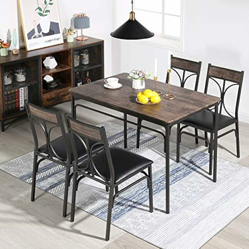 Set di sedie da cucina da 5 pezzi per casa, sala da pranzo, angolo colazione, fattoria, piccolo spazio, tavolo da pranzo per 4, marrone scuro