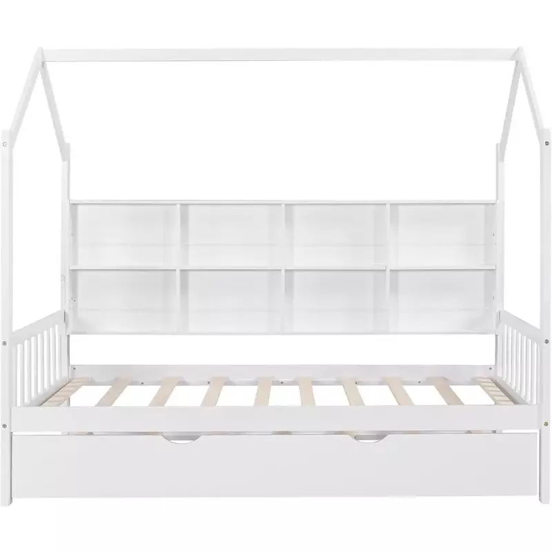 Cama de chalet moderna para niños con quilla, cama de techo triangular, camas gemelas, estantes con espacio de almacenamiento y marco sólido