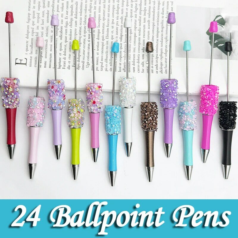 24Pcs Diamond Bead Pen DIY Beadable Ballpoint Pens Student Stationery Pens Writing Pen School Office Supplies