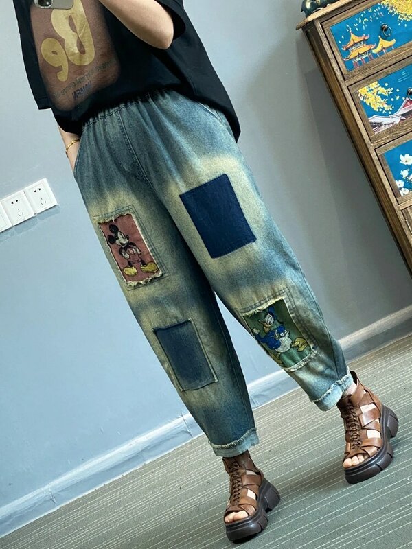 Potdemiel Retro Gradient Colorful Patch Cartoon Embroidered Jeans Women's Loose Oversize Nine Roll Side Daddy Harem Denim Pants
