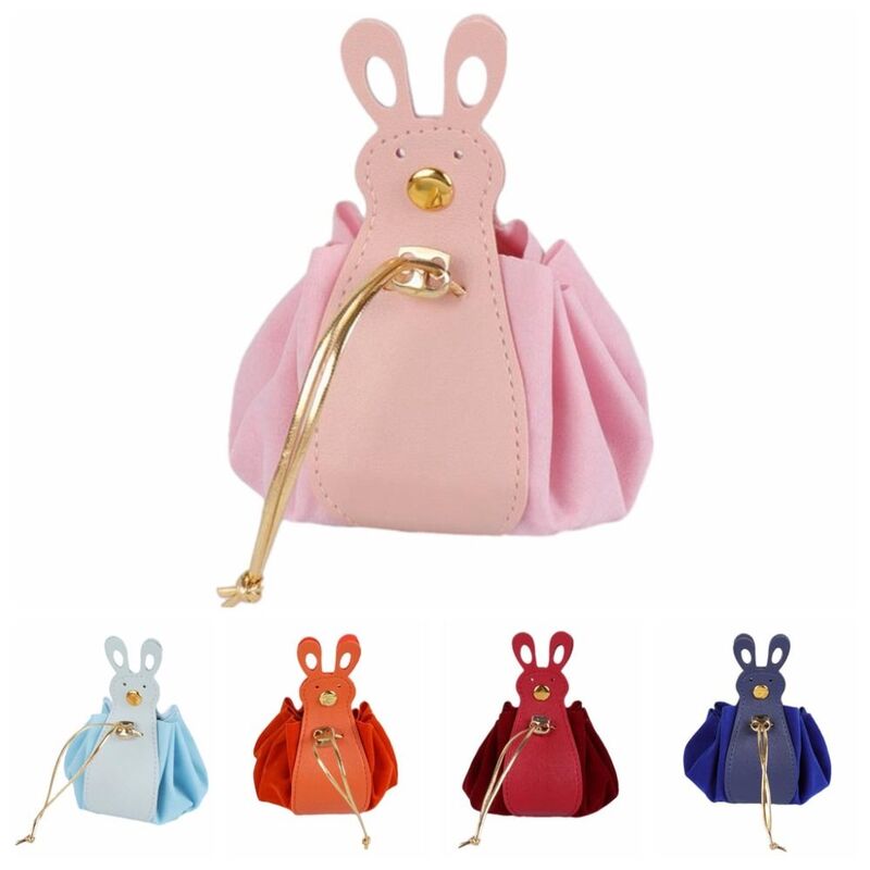 PU Leather Velvet Drawstring Bag Korean Style Storage Bag Cartoon Rabbit Ear Handbag Bucket Bag New Year Festive Sugar Bag