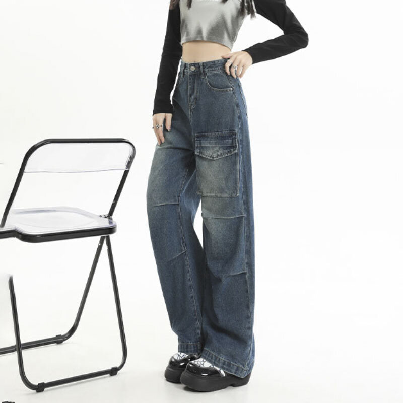 Punk Fashion Streetwear tasche Y2k Pant vita alta Jeans larghi a gamba larga donna Harajuku Grunge Pantalon