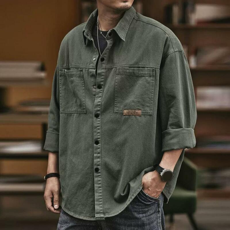 Koszula Retro dla mężczyzn styl Safari bluzki z długim rękawem Casual Vintage luźny, typu Oversize koszule jesień Streetwear
