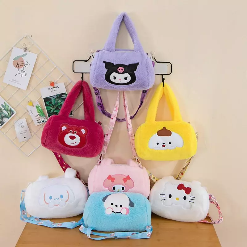 Sanrio Cinnamoroll Bolsa de Ombro de Pelúcia para Crianças Kuromi, Hello Kitty, Melody, Anime, Crossbody, Kawaii, Recheado, Cosmético, Presentes para Meninas