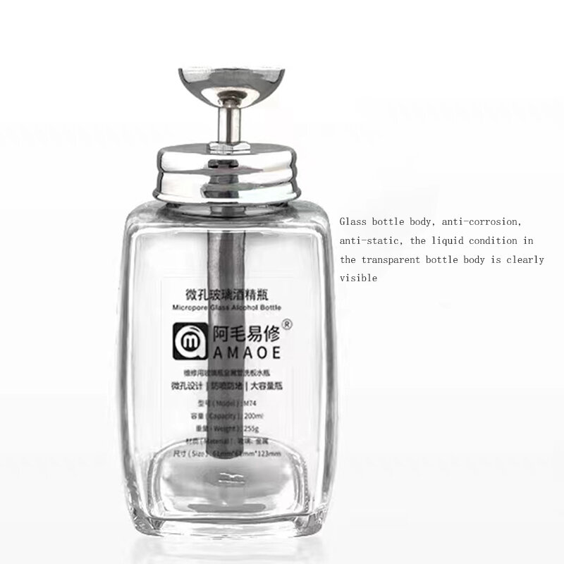 Amaoe-botella de Alcohol de vidrio M74 de 200ML, contenedor transparente de tubo de acero inoxidable, microporoso, antiespray y antibloqueo
